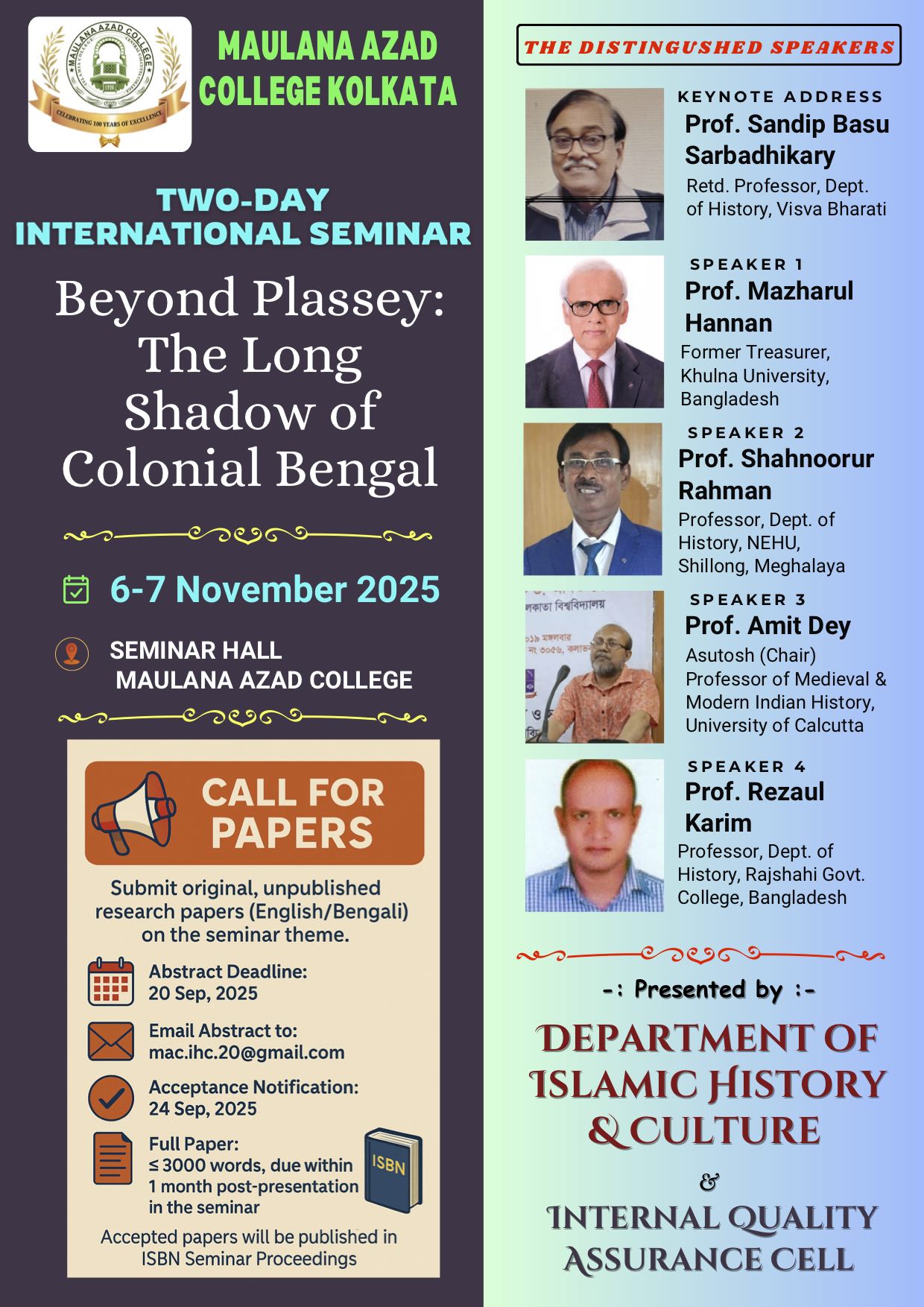 Two Day International Seminar on Beyond Plassey: The Long Shadow of Colonial Bengal